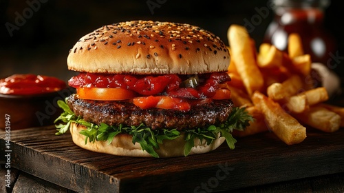 Obraz na płótnie Juicy Beef Burger with Roasted Red Peppers, Fries, and Ketchup w salonie