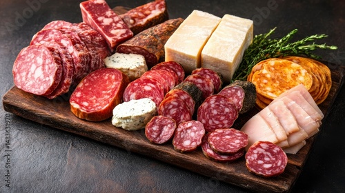 Obraz na płótnie Delicious Charcuterie Board with Assorted Salamis, Cheeses, and Meats w salonie