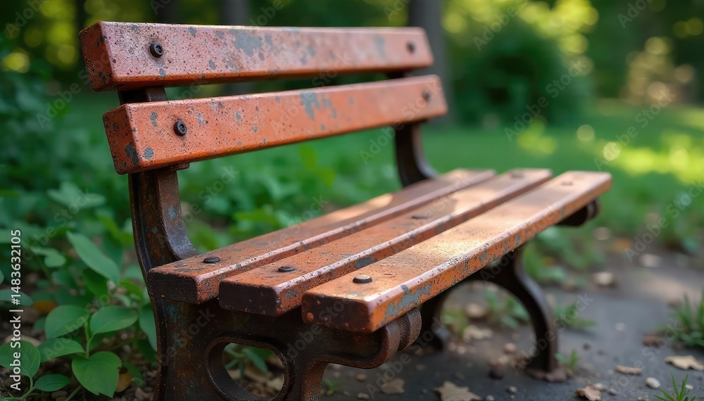 Fototapeta premium Durable metal bench outdoors, showing rust and weathering , metalwork, garden, city park