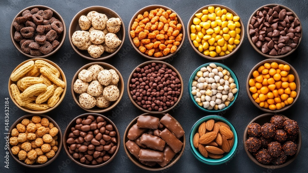 Assortment of Delicious Snacks in Bowls - Top View