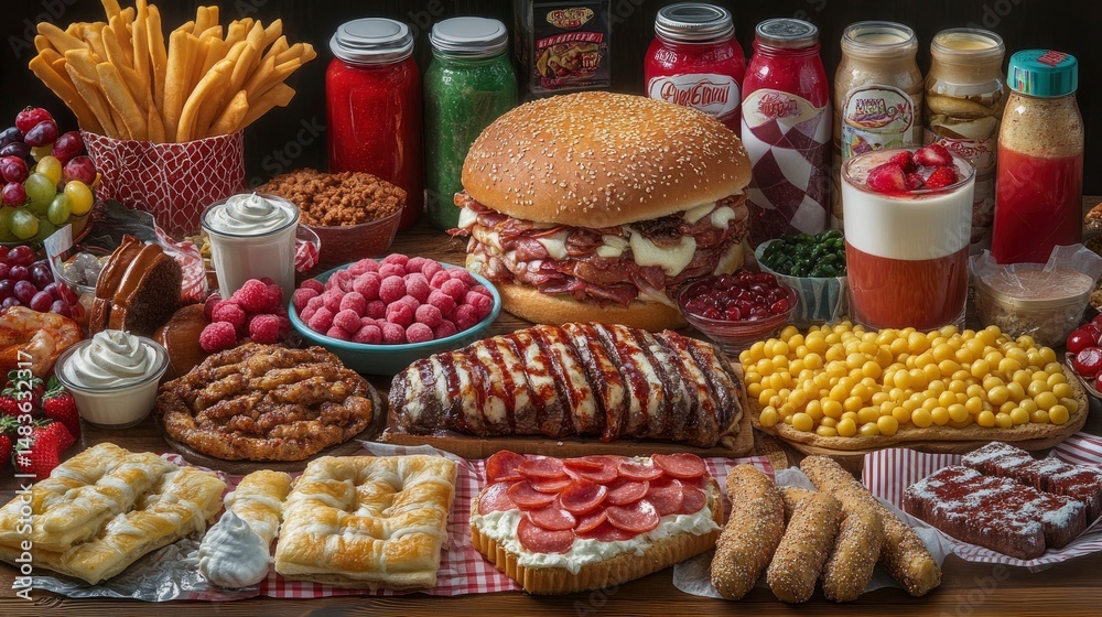 Feast of Delicious Junk Food A Gourmet Burger and an Array of Treats