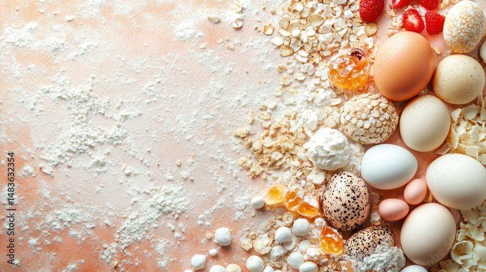 Baking Ingredients Background Flour, Oats, Eggs, and Berries on Pink Surface