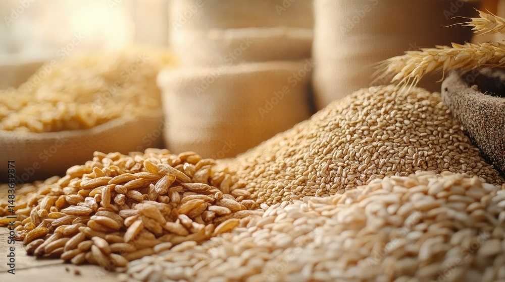 Variety of Grains and Cereals in Burlap Sacks - Healthy Food and Agriculture Concept