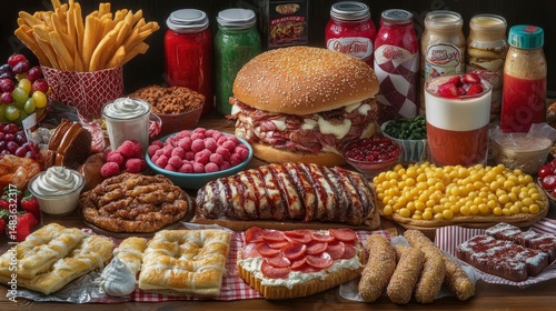 Obraz na płótnie Feast of Delicious Junk Food A Gourmet Burger and an Array of Treats w salonie