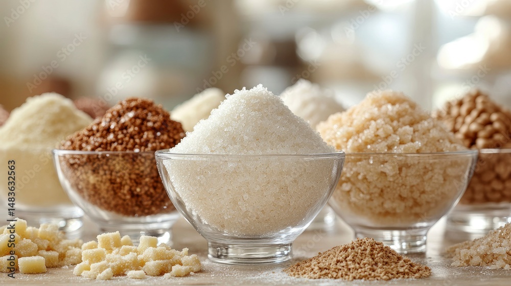 Assortment of Various Grains and Sugars in Glass Bowls