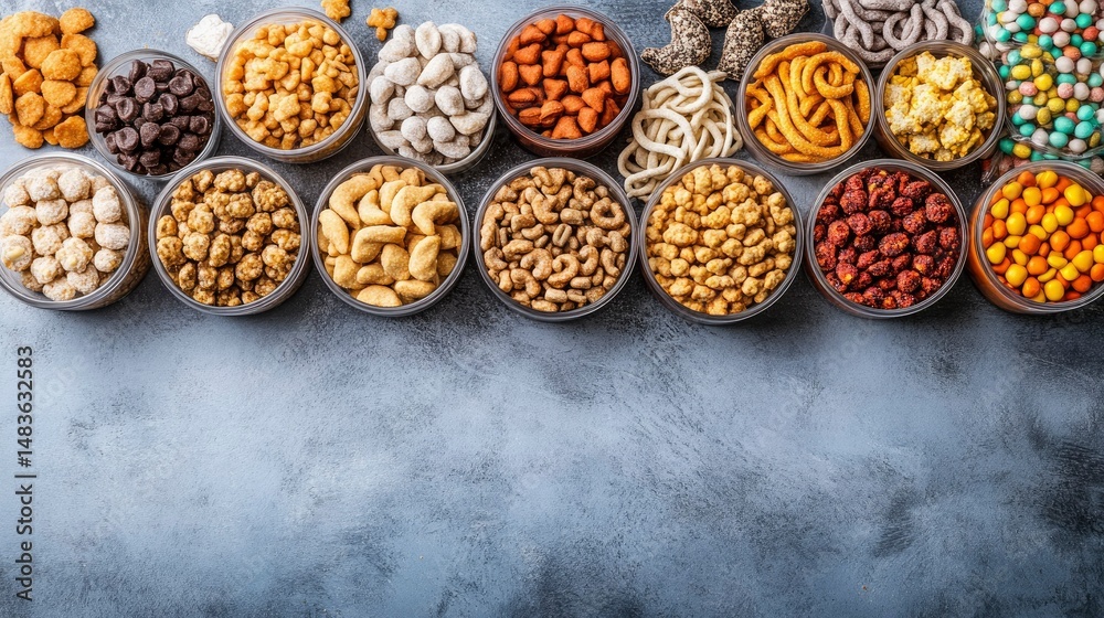 Assorted Nuts, Snacks, and Candies in Bowls on Gray Background