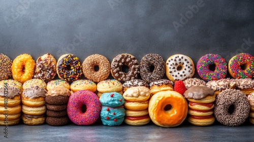 Obraz na płótnie A Colorful Assortment of Delicious Donuts in a Row w salonie