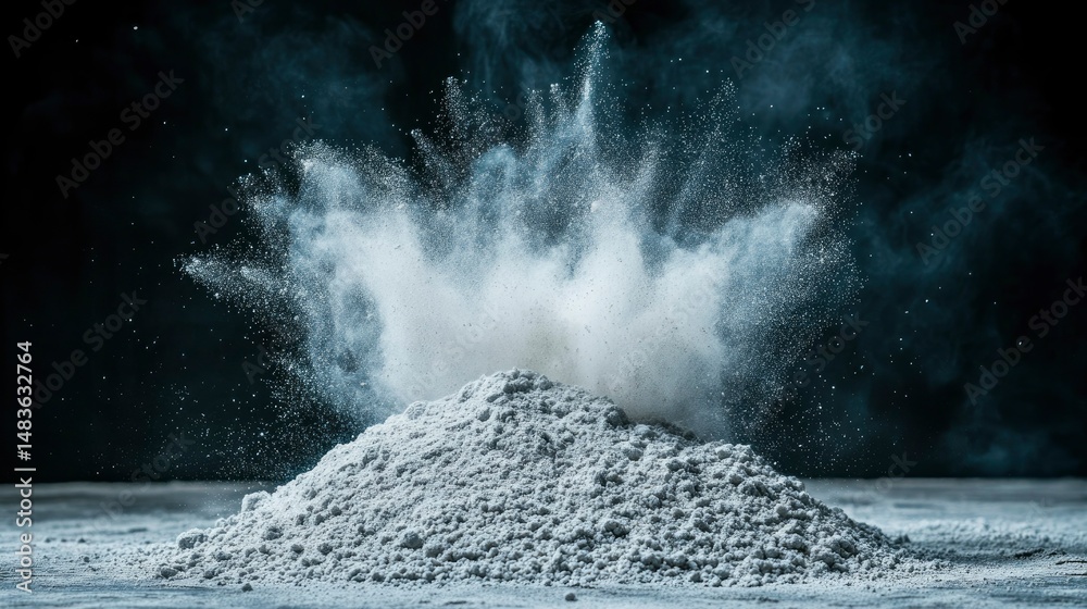 Dramatic Powder Explosion White Dust Cloud Against Black Background