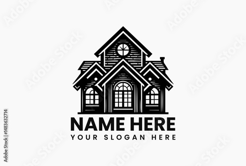 Architectural black and white house facade vector logo with intricate window details and decorative elements. Construction design concept  