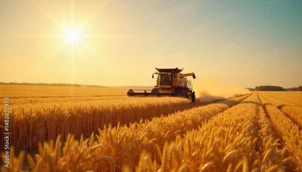 Fototapeta premium Massive combine harvester harvesting a golden wheat field under a bright sun , technology, sunny day