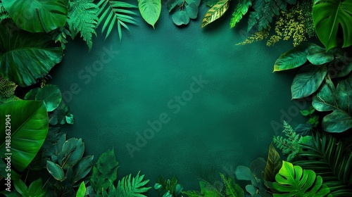 Obraz na płótnie Lush Green Tropical Leaf Frame on Dark Background w salonie