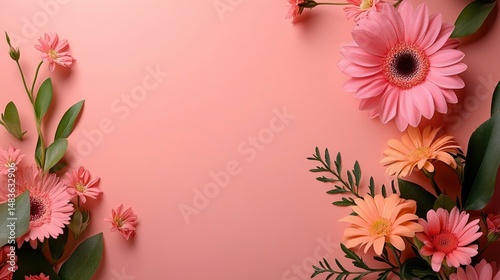 Obraz na płótnie Delicate Pink Flowers on Blush Pink Background - Flat Lay Floral Border w salonie