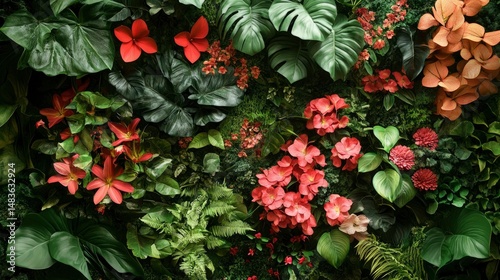 Lush Tropical Floral Wall, Vibrant Green and Red Flowers, Exotic Plant Background