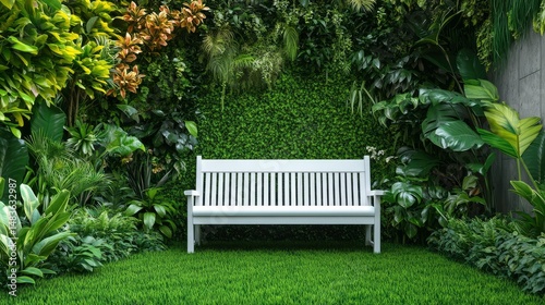 Obraz na płótnie Serene Garden Bench Tranquil Oasis in Lush Greenery w salonie