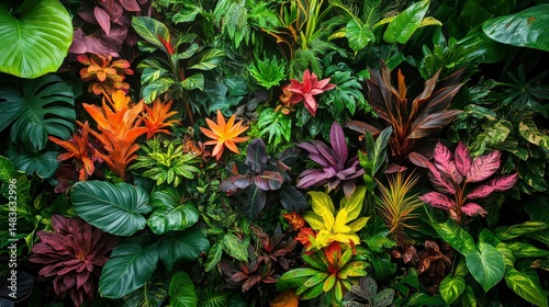 Obraz na płótnie Lush Tropical Rainforest Plant Wall - Vibrant Green, Red, Orange & Yellow Foliage Background w salonie