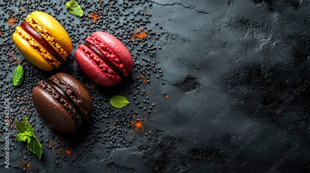 Three Colorful Macarons on Dark Background with Copy Space