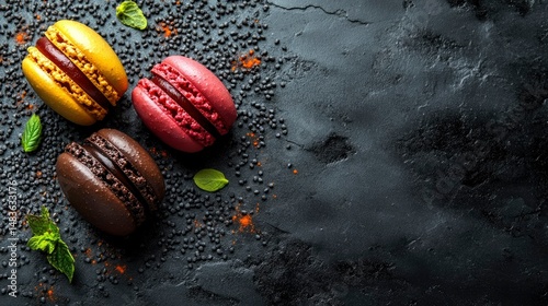 Obraz na płótnie Three Colorful Macarons on Dark Background with Copy Space w salonie