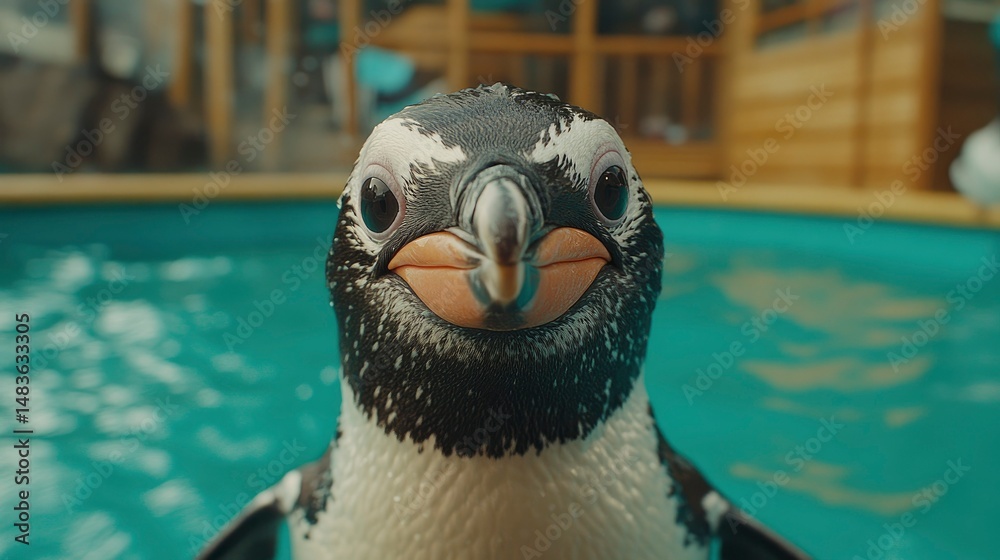 Curious Penguin Chick in Pool at Zoo