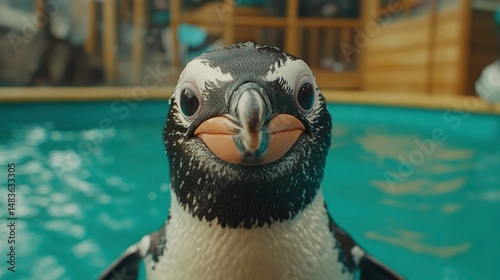 Obraz na płótnie Curious Penguin Chick in Pool at Zoo w salonie