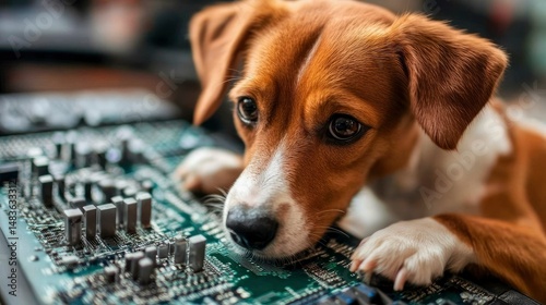 Obraz na płótnie Curious Puppy Investigating Computer Circuit Board w salonie