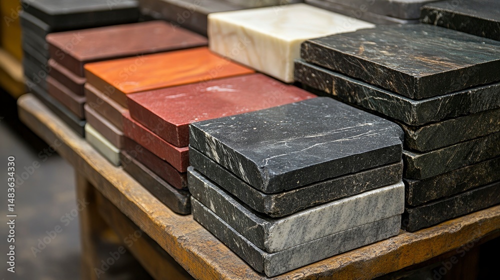 Stacks of Colorful Stone Slabs - Variety of Textures and Colors