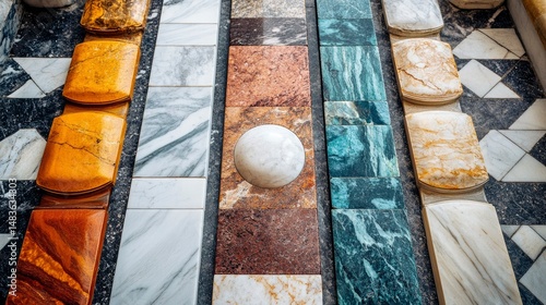Obraz na płótnie Intricate Marble and Stone Floor Pattern Geometric Design with Varied Textures and Colors w salonie