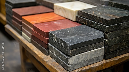 Obraz na płótnie Stacks of Colorful Stone Slabs - Variety of Textures and Colors w salonie