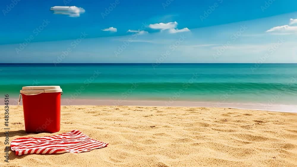 Beach relaxation scene with cooler and towel under a blue sky Beach relaxation scene with cooler and towel under a blue sky