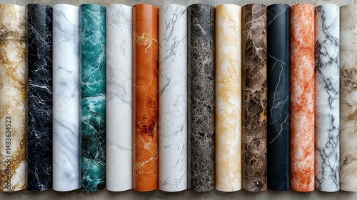 Obraz na płótnie Collection of Marble Contact Paper Rolls in Various Colors and Patterns w salonie