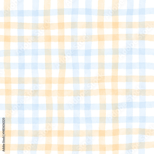 Blue Orange Plaid Gingham Check Hand Drawn Background Pattern Overlay
