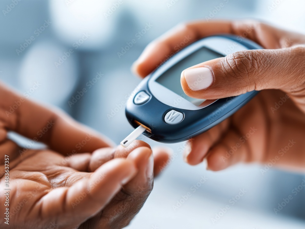 Fototapeta premium African woman checks blood sugar with glucose meter, pricking finger to monitor diabetes, healthcare management, and wellness.