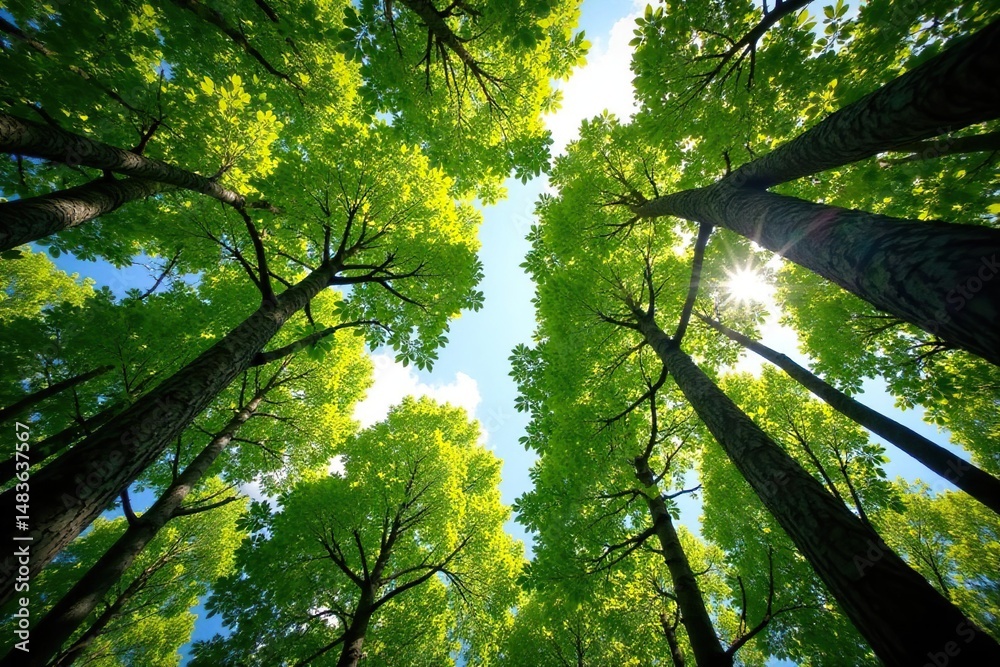 Fototapeta premium Serene forest canopy viewed from below, sunlight dappling through leaves , trees, tall trees, perspective