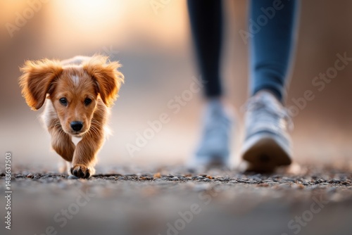 Tiny Puppy Trekking on Gravel Path with Person Wearing Athletic Shoes Walking in Background During Sunset photo