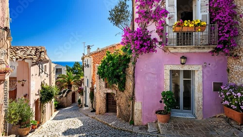 Colorful Mediterranean alleyway with blooming vines.