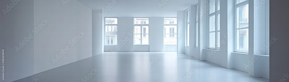 Fototapeta premium Empty Interior Space: A minimalist and airy interior space with white walls, a sleek hardwood floor, and multiple windows that flood the room with natural light, perfect for showcasing furniture.