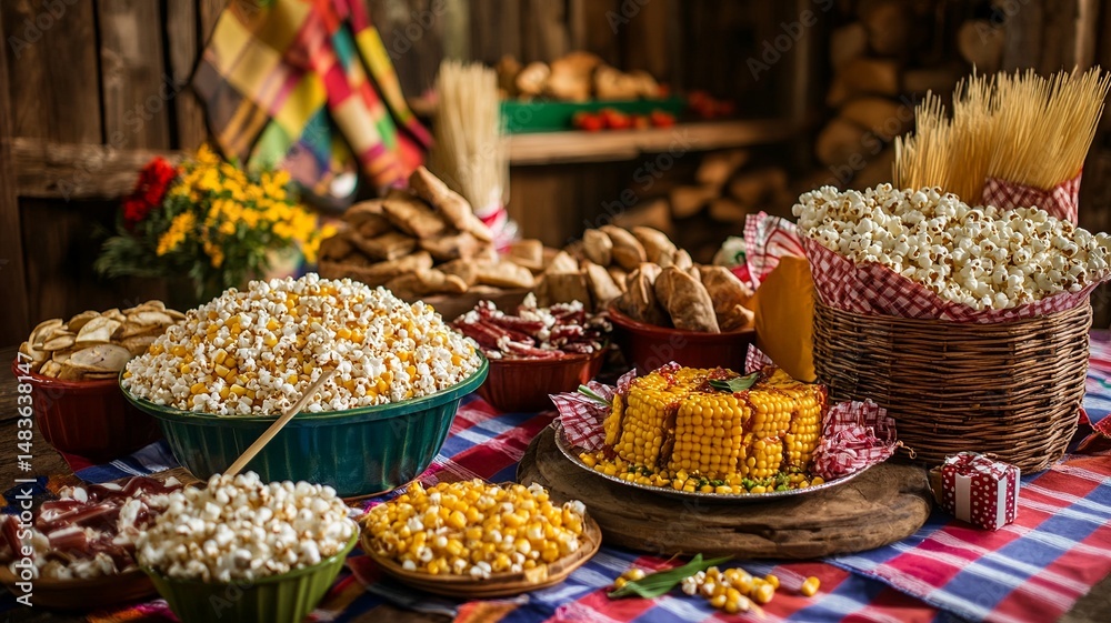 Fototapeta premium A rustic wooden table at a Festa Junina celebration, filled with classic foods like corn cake, paçoca, canjica, and cocada, with colorful flags and straw hats behind.