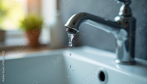 Close-up of a dripping faucet, water droplets falling into a sink Water conservation, leaky faucet, plumbing problem, repair needed , wastage, bathroom, tap