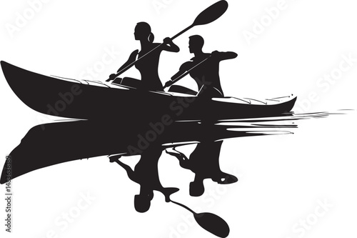 Minimalist depiction of two individuals kayaking on still waters, emphasizing tranquility and teamwork in a natural setting.