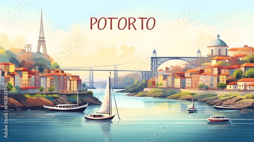 Colorful Cartoon Vector Illustration of a Visit Porto Poster Design with Isolated Elements