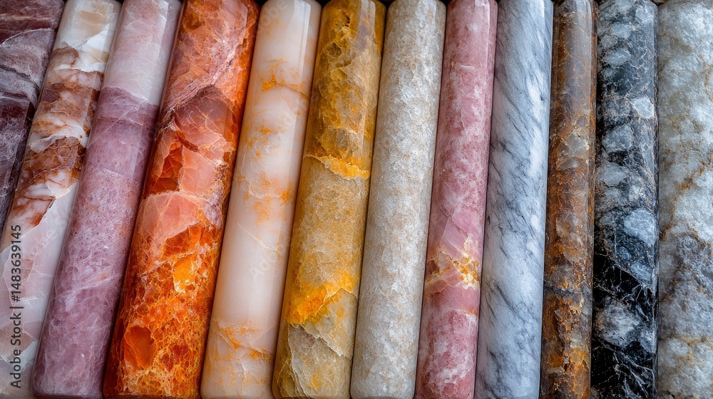 Collection of Polished Marble Cylinders in Varied Colors and Patterns