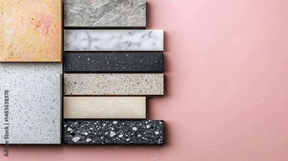 Collection of Diverse Marble and Stone Samples on Pink Background