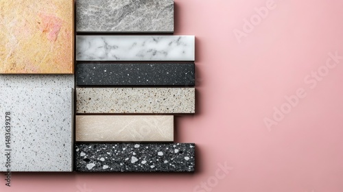 Obraz na płótnie Collection of Diverse Marble and Stone Samples on Pink Background w salonie