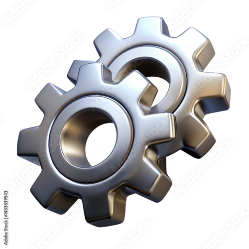 Two metallic gears slightly overlapping, detailed texture and shadows
