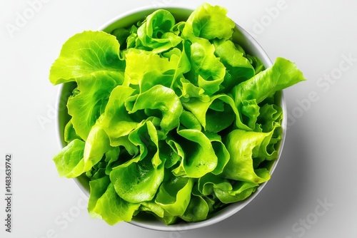 Fresh Butter Lettuce Leaves Filling a White Ceramic Bowl on a Plain Light Background from a High Angle