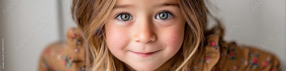 Fototapeta premium Closeup Portrait of a Smiling Young Girl with Light Brown Hair and Green Eyes Looking Directly into the Camera