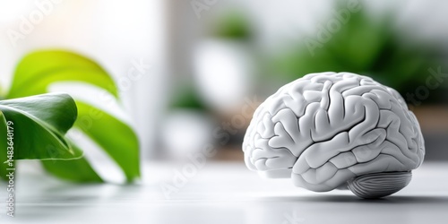 Human brain model displaying mental wellness with green plant leaf, symbolizing growth, care, and health, on a white surface
