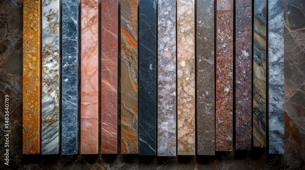 Diverse Collection of Polished Marble Slabs, Showing a Variety of Colors and Textures