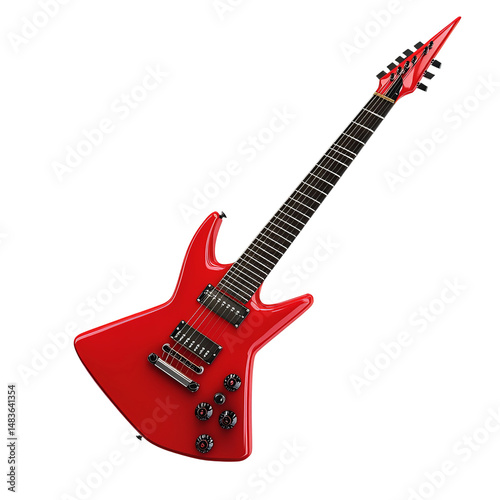 red electric guitar with sharp angles isolated on white background
