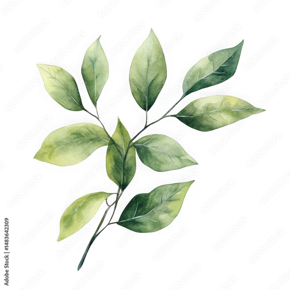 Naklejka premium Watercolor green leaf branch artwork on white background on transparent background