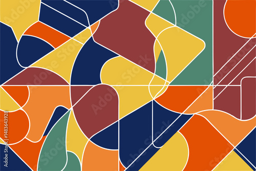 Abstract geometric stained glass design with colors and white border lines